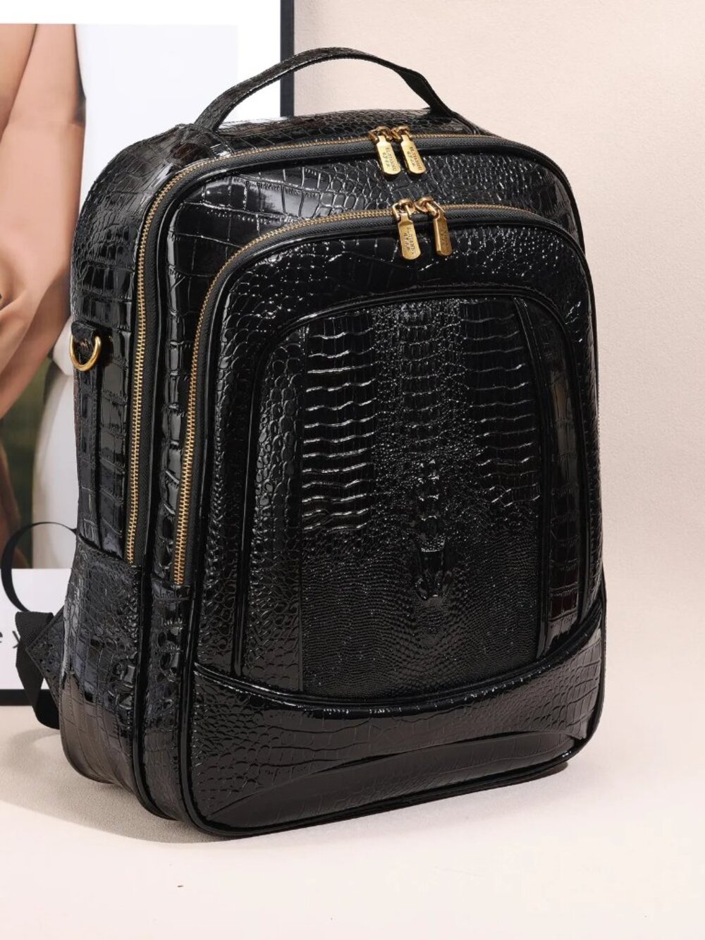 Glossy Crocodile Embossed Executive Laptop Backpack - Black PU Leather